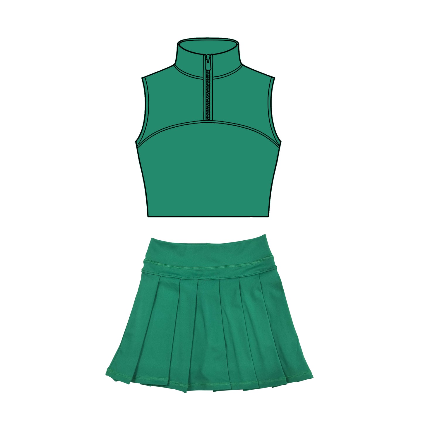 MOQ 5 preorder GSD3302 Solid Dark Green Zip Collar Sleeveless Pleated Skirts for Girls Yoga Sets 202511
