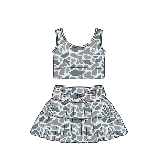MOQ 5 preorder GSD3306 Gray Blue Camouflage Sleeveless Bow Decoration Pleated Skirts for Girls Yoga Sets 202511