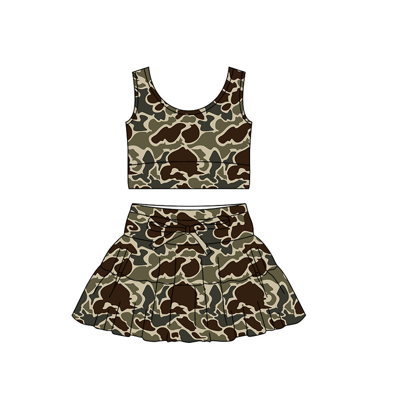 MOQ 5 preorder GSD3311 Army Green Brown Camouflage Sleeveless Bow Decoration Pleated Skirts for Girls Yoga Sets 202511