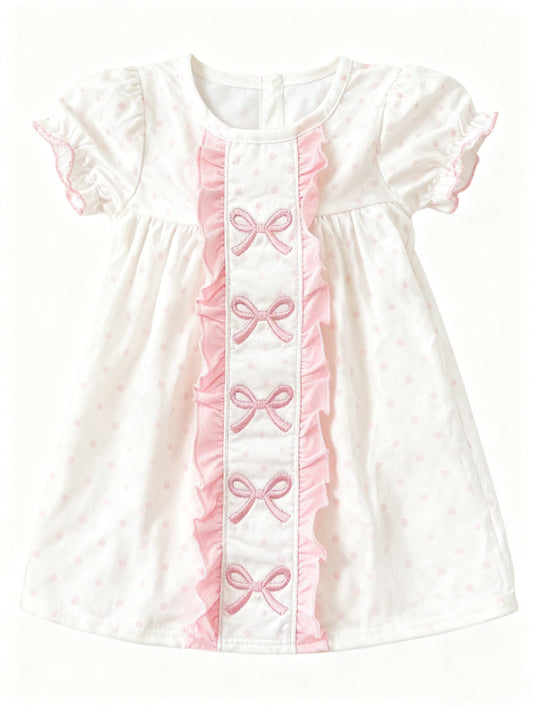 MOQ 5 PCS Preorder GSD3312 Pink Bows Dots Ruffle White Short Sleeve Dresses for Girls 202511