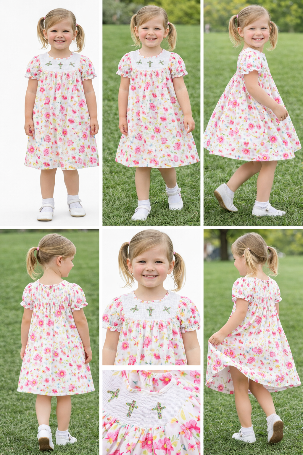 GSD3314 Smocked Easter Cross Flower Short Sleeve Dresses for Girls 202603 RTS