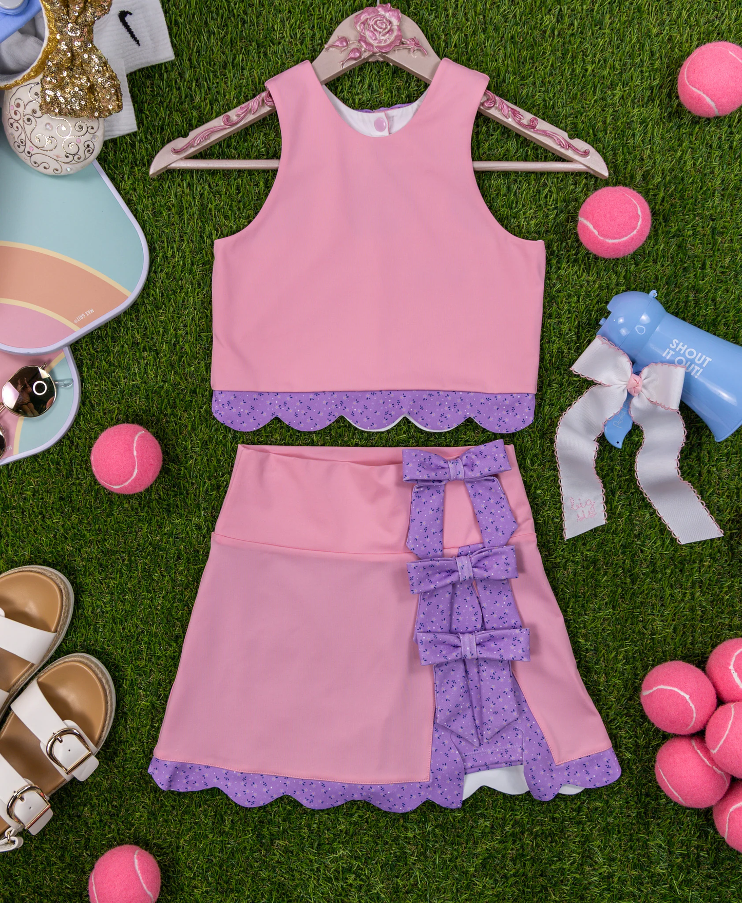 MOQ 5 preorder GSD3319 Bows Pink Sleeveless Top with Pleated Skirts for Girls Yoga Sets 202511