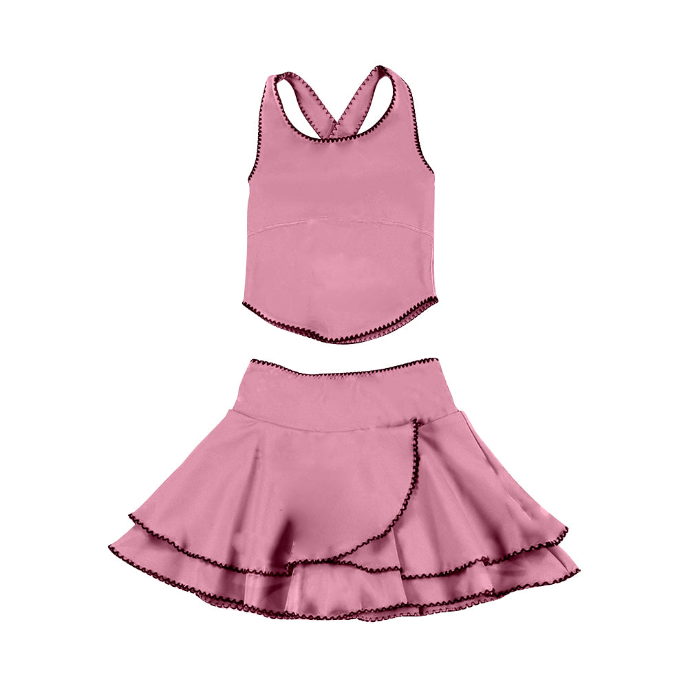MOQ 5 preorder GSD3326 Pink Sleeveless Top with Double Ruffle Skirts for Girls Yoga Sets 202511