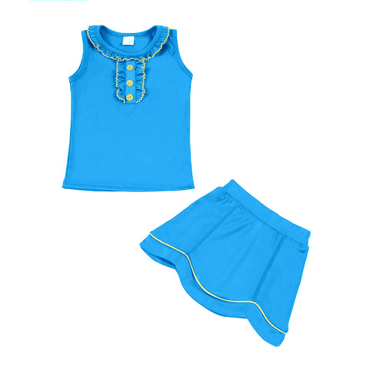 MOQ 5 preorder GSD3333 Blue Ruffle Sleeveless Top with Skirts for Girls Yoga Sets 202511