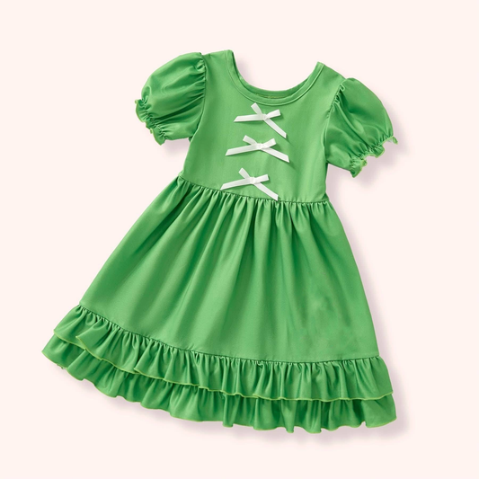 MOQ 5 PCS Preorder GSD3337 Bows Solid Green Double-Layered Ruffle Short Sleeve Dresses for Girls 202511