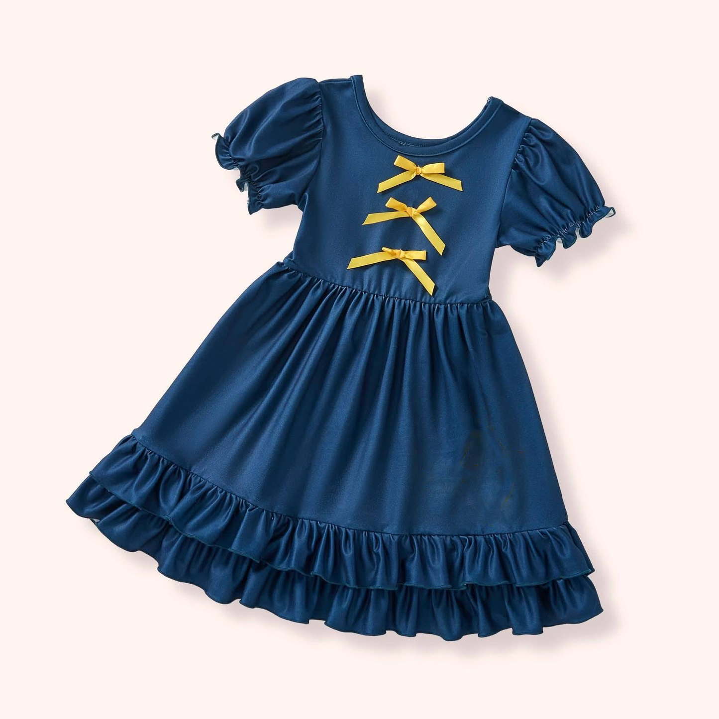 MOQ 5 PCS Preorder GSD3338 Bows Solid Navy Double-Layered Ruffle Short Sleeve Dresses for Girls 202511