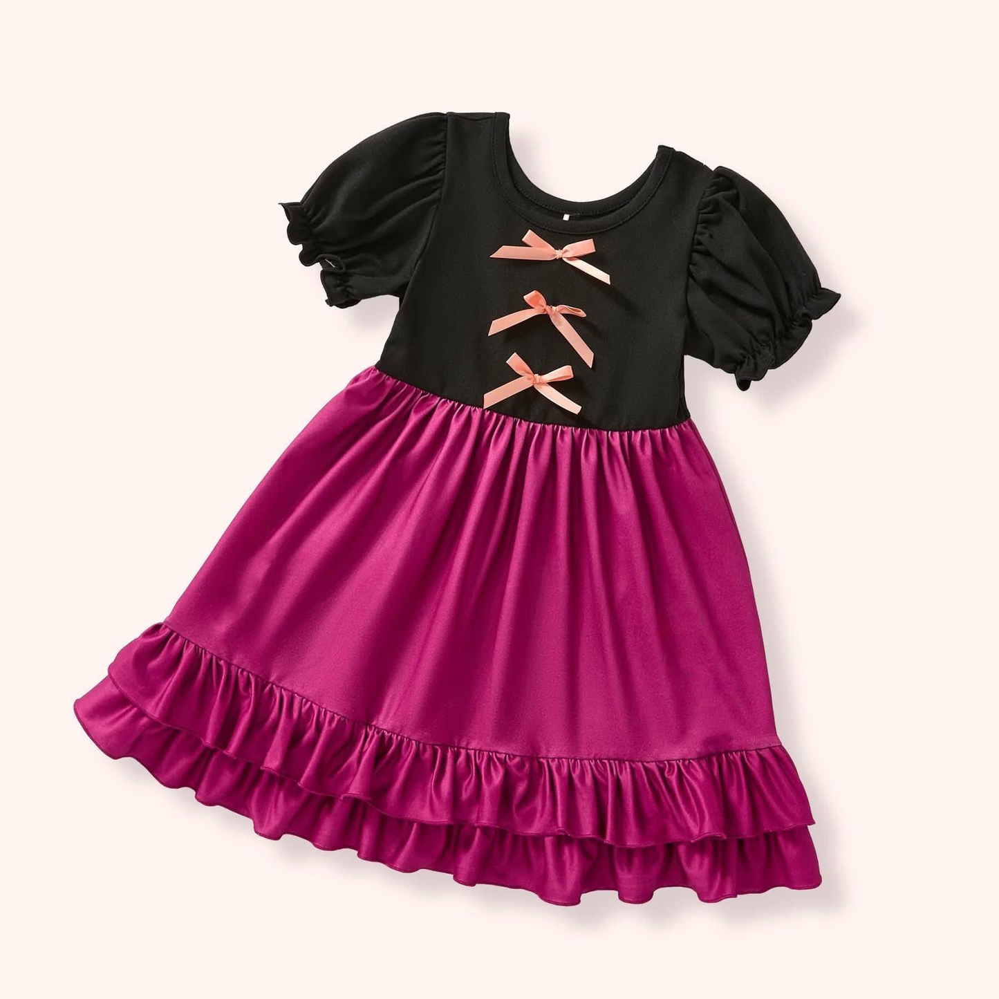 MOQ 5 PCS Preorder GSD3339 Bows Solid Black Purple Double-Layered Ruffle Short Sleeve Dresses for Girls 202511