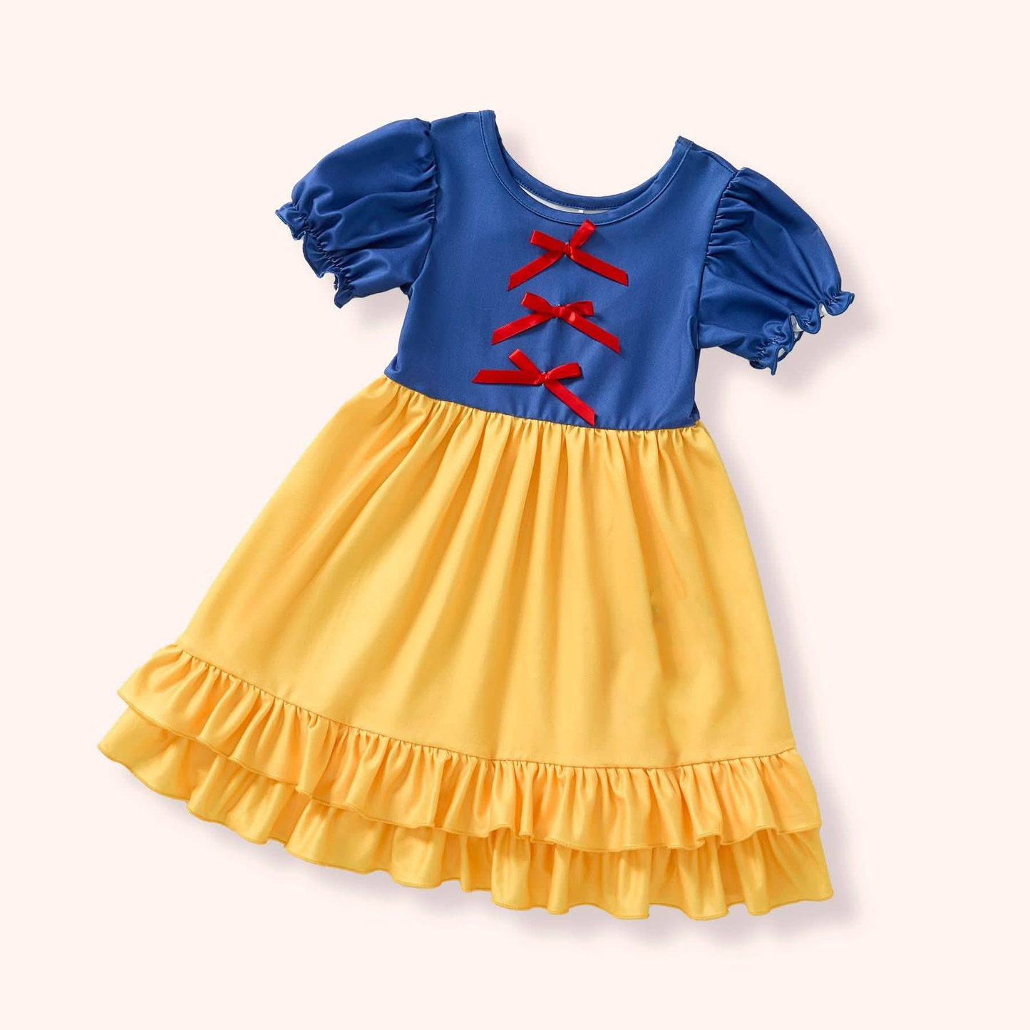 MOQ 5 PCS Preorder GSD3340 Bows Solid Blue Yellow Double-Layered Ruffle Short Sleeve Dresses for Girls 202511
