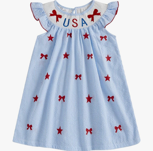MOQ 5 PCS Preorder GSD3341 4th of July Bows Blue Flying Sleeve Dresses for Girls 202511