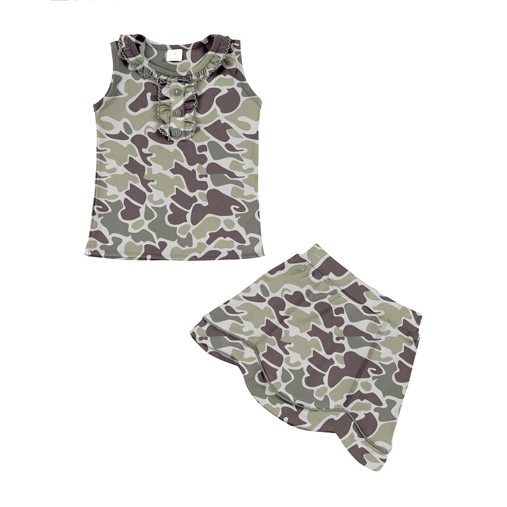 MOQ 5 preorder GSD3344 Gray Green Brown Camouflage Ruffle Sleeveless Top with Skirts for Girls Yoga Sets 202512