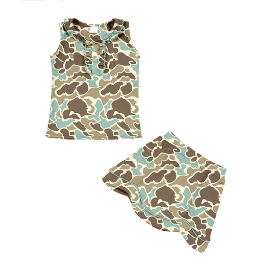 MOQ 5 preorder GSD3347 Blue Green Brown Camouflage Ruffle Sleeveless Top with Skirts for Girls Yoga Sets 202512