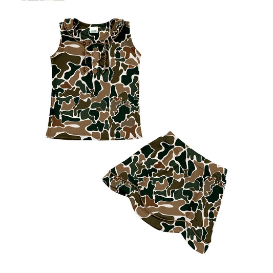 MOQ 5 preorder GSD3348 Brown Green Camouflage Ruffle Sleeveless Top with Skirts for Girls Yoga Sets 202512