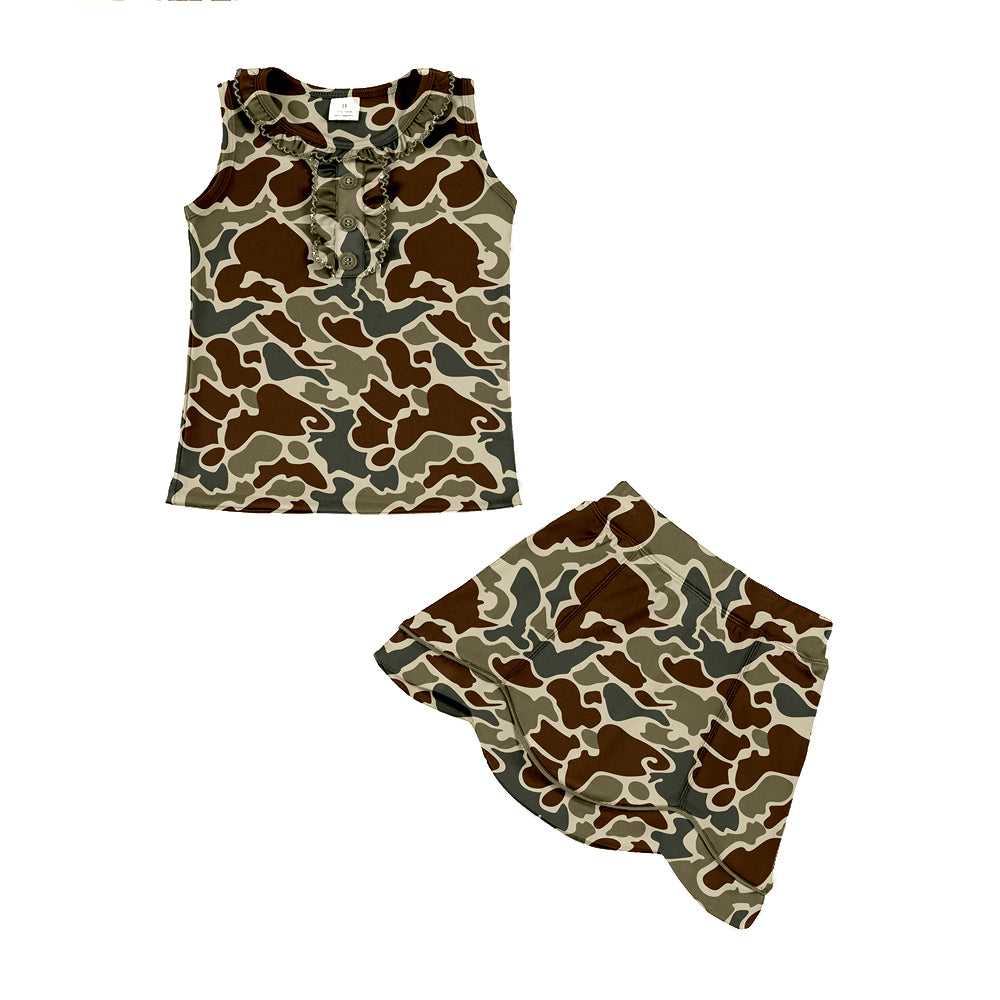 MOQ 5 preorder GSD3351 Brown Camouflage Ruffle Sleeveless Top with Skirts for Girls Yoga Sets 202512