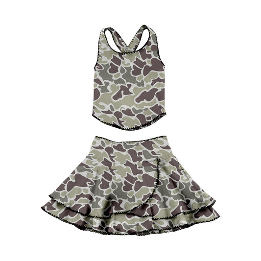MOQ 5 preorder GSD3352 Gray Green Brown Camouflage Sleeveless Top with Double Ruffle Skirts for Girls Yoga Sets 202512
