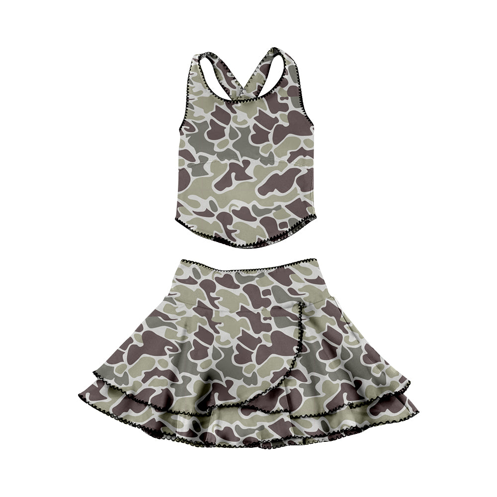 MOQ 5 preorder GSD3352 Gray Green Brown Camouflage Sleeveless Top with Double Ruffle Skirts for Girls Yoga Sets 202512