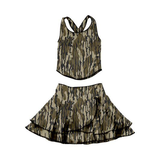 MOQ 5 preorder GSD3353 Army Green Camouflage Sleeveless Top with Double Ruffle Skirts for Girls Yoga Sets 202512
