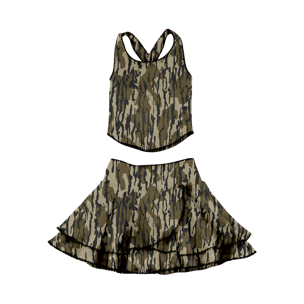 MOQ 5 preorder GSD3353 Army Green Camouflage Sleeveless Top with Double Ruffle Skirts for Girls Yoga Sets 202512