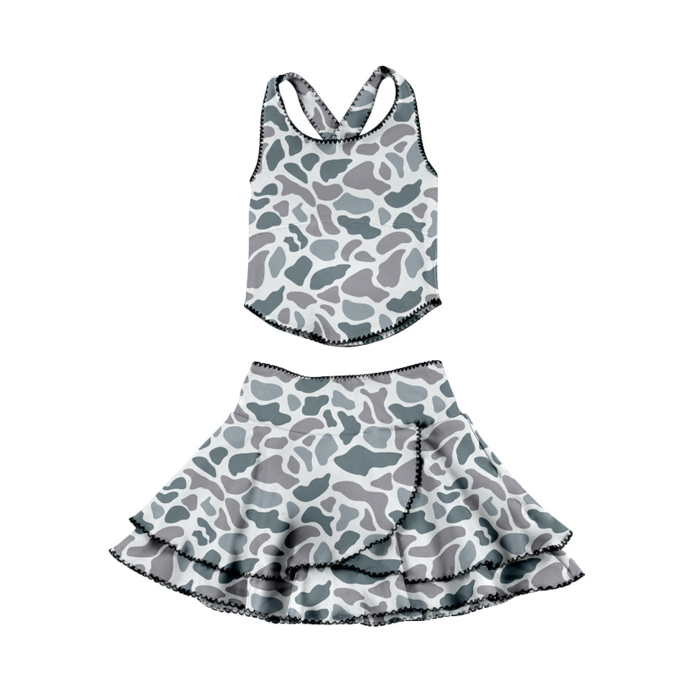 MOQ 5 preorder GSD3354 Gray Blue Camouflage Sleeveless Top with Double Ruffle Skirts for Girls Yoga Sets 202512