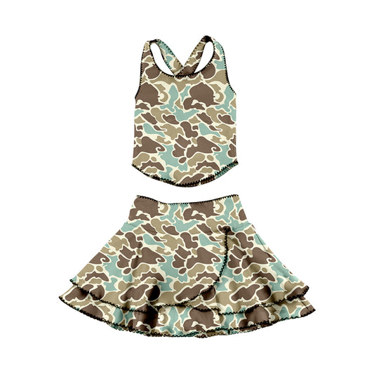 MOQ 5 preorder GSD3355 Blue Green Brown Camouflage Sleeveless Top with Double Ruffle Skirts for Girls Yoga Sets 202512