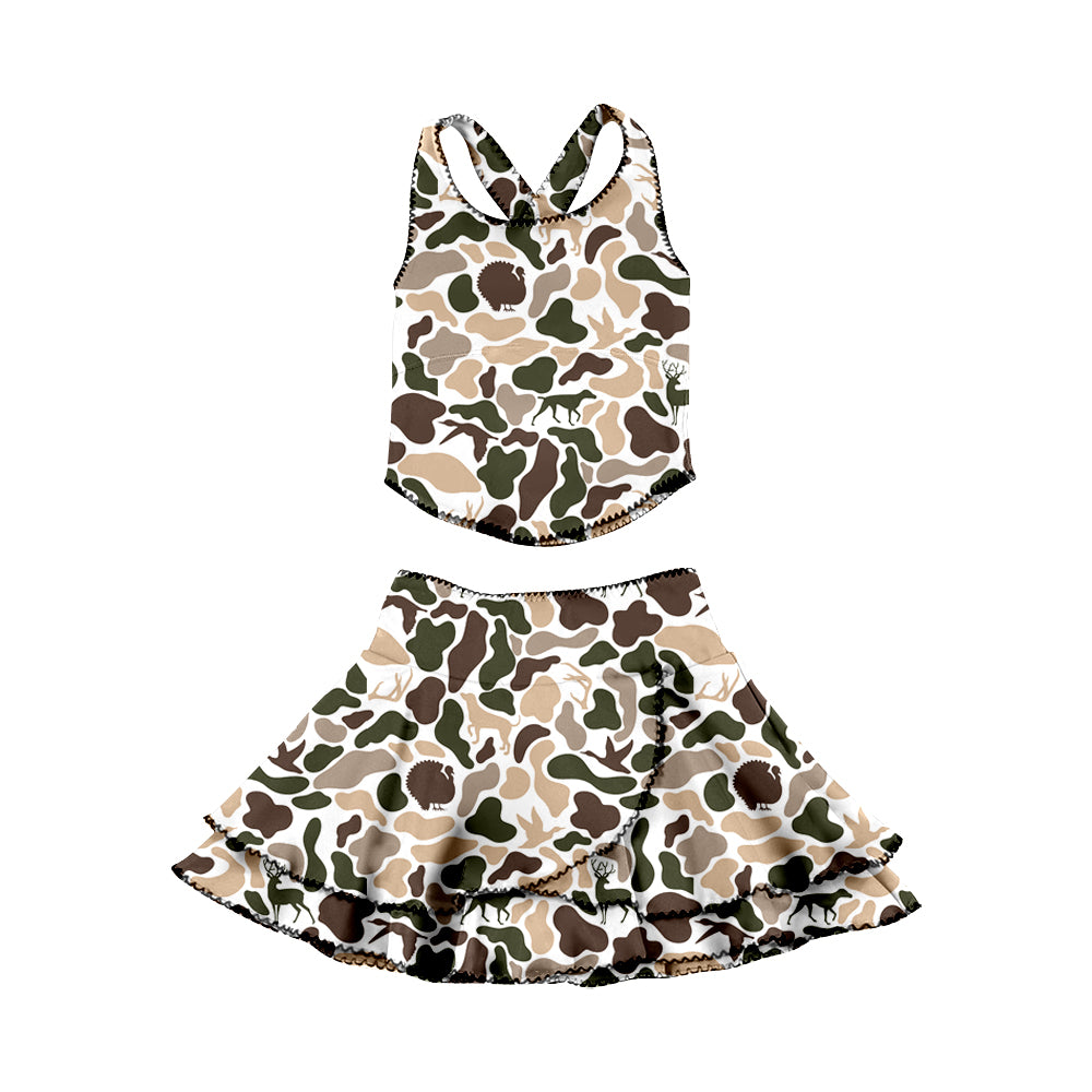 MOQ 5 preorder GSD3357 Deer Puppy Duck Hunting Beige Green Camouflage Sleeveless Top with Double Ruffle Skirts for Girls Yoga Sets 202512