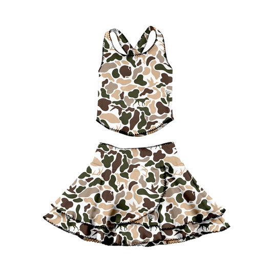 MOQ 5 preorder GSD3357 Deer Puppy Duck Hunting Beige Green Camouflage Sleeveless Top with Double Ruffle Skirts for Girls Yoga Sets 202512