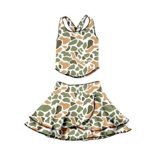 MOQ 5 preorder GSD3358 Orange Green Camouflage Sleeveless Top with Double Ruffle Skirts for Girls Yoga Sets 202512