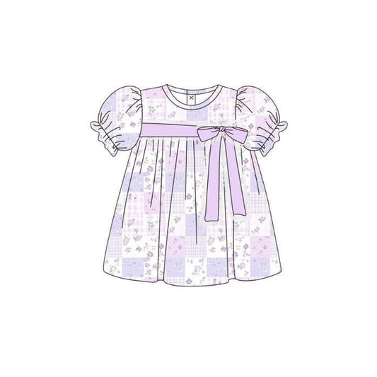 MOQ 5 PCS Preorder GSD3362 Floral Bow Plaid Purple Puff Short Sleeve Dresses for Girls 202512