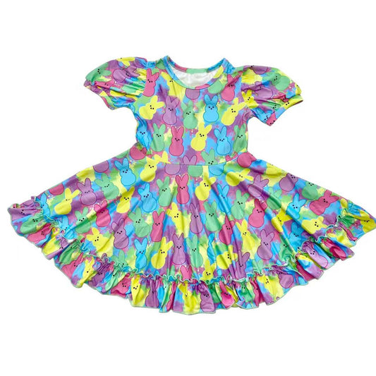 MOQ 5 PCS Preorder GSD3365 Easter Colored Bunny Ruffle Short Sleeve Dresses for Girls 202512