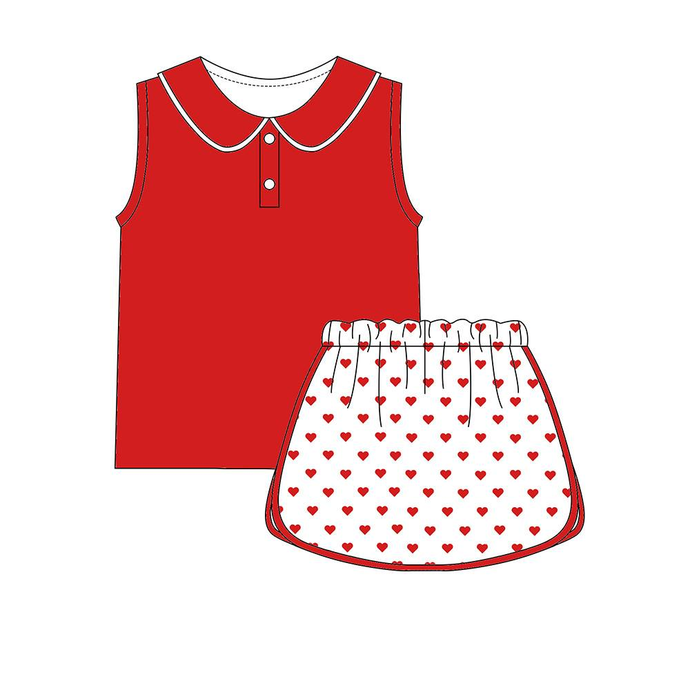 MOQ 5 preorder GSD3372 Valentines Day Solid Red Doll Collar Sleeveless Top with Love Pattern Skirts for Girls Yoga Sets 202512