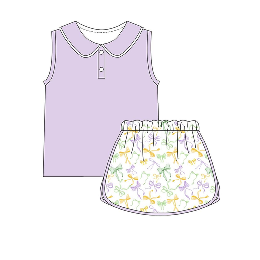 MOQ 5 preorder GSD3373 Solid Light Purple Doll Collar Sleeveless Top with Bows Pattern Skirts for Girls Yoga Sets 202512