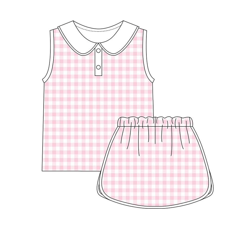 MOQ 5 preorder GSD3374 Solid Light Pink Plaid Doll Collar Sleeveless Top with Skirts for Girls Yoga Sets 202512