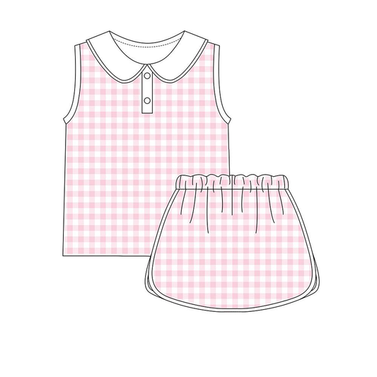 MOQ 5 preorder GSD3374 Solid Light Pink Plaid Doll Collar Sleeveless Top with Skirts for Girls Yoga Sets 202512