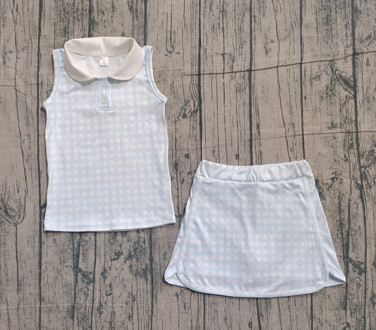 NO MOQ preorder GSD3375 Light Blue Plaid Doll Collar Sleeveless Top with Skirts for Girls Yoga Sets 202512