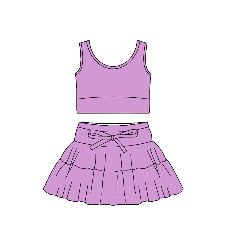 MOQ 5 preorder GSD3378 Solid Purple Sleeveless Top with Skirts for Girls Yoga Sets 202512