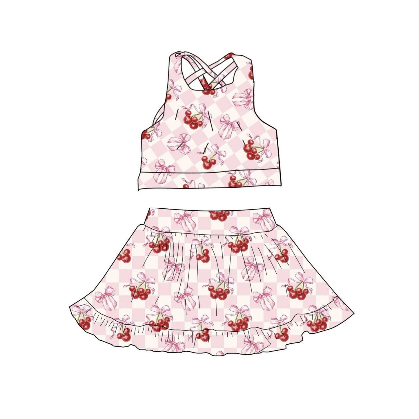 MOQ 5 preorder GSD3379 Cherry Bows Pink Plaid Sleeveless Top with Skirts for Girls Yoga Sets 202512