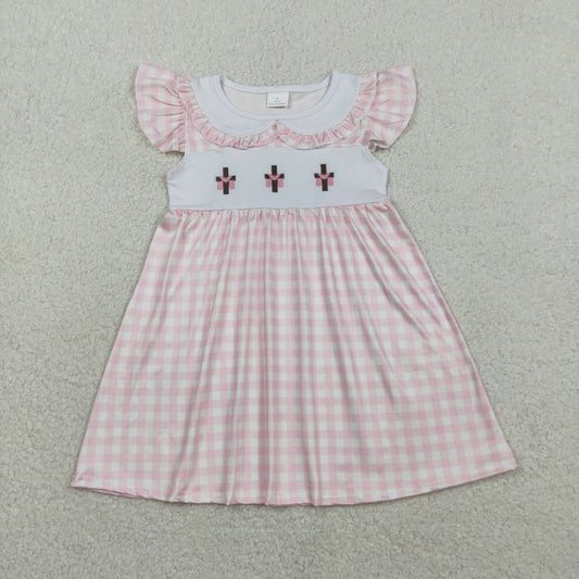 GSD3382 Embroidered Easter Cross Pink Plaid Flying Sleeve Dresses for Girls 202601 RTS