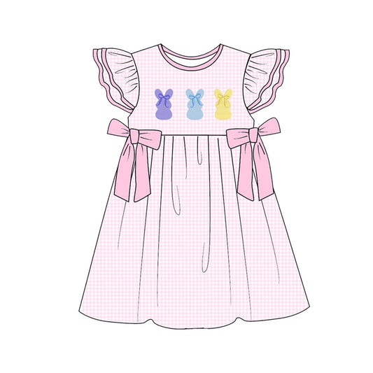 MOQ 5 PCS Preorder GSD3392 Easter Bunny Bows Pink Plaid Flying Sleeve Dresses for Girls 202512