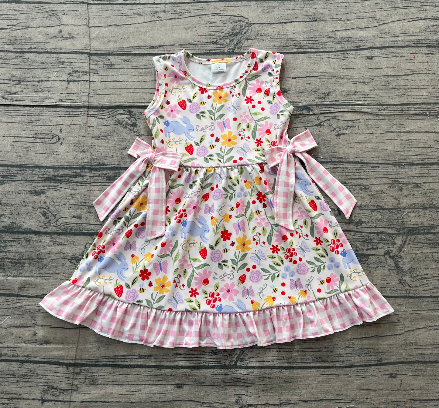 NO MOQ Preorder GSD3405 Easter Bunny Flower Leaf Pink Plaid Bows Ruffle Sleeveless Dresses for Girls 202512