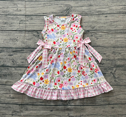 NO MOQ Preorder GSD3405 Easter Bunny Flower Leaf Pink Plaid Bows Ruffle Sleeveless Dresses for Girls 202512