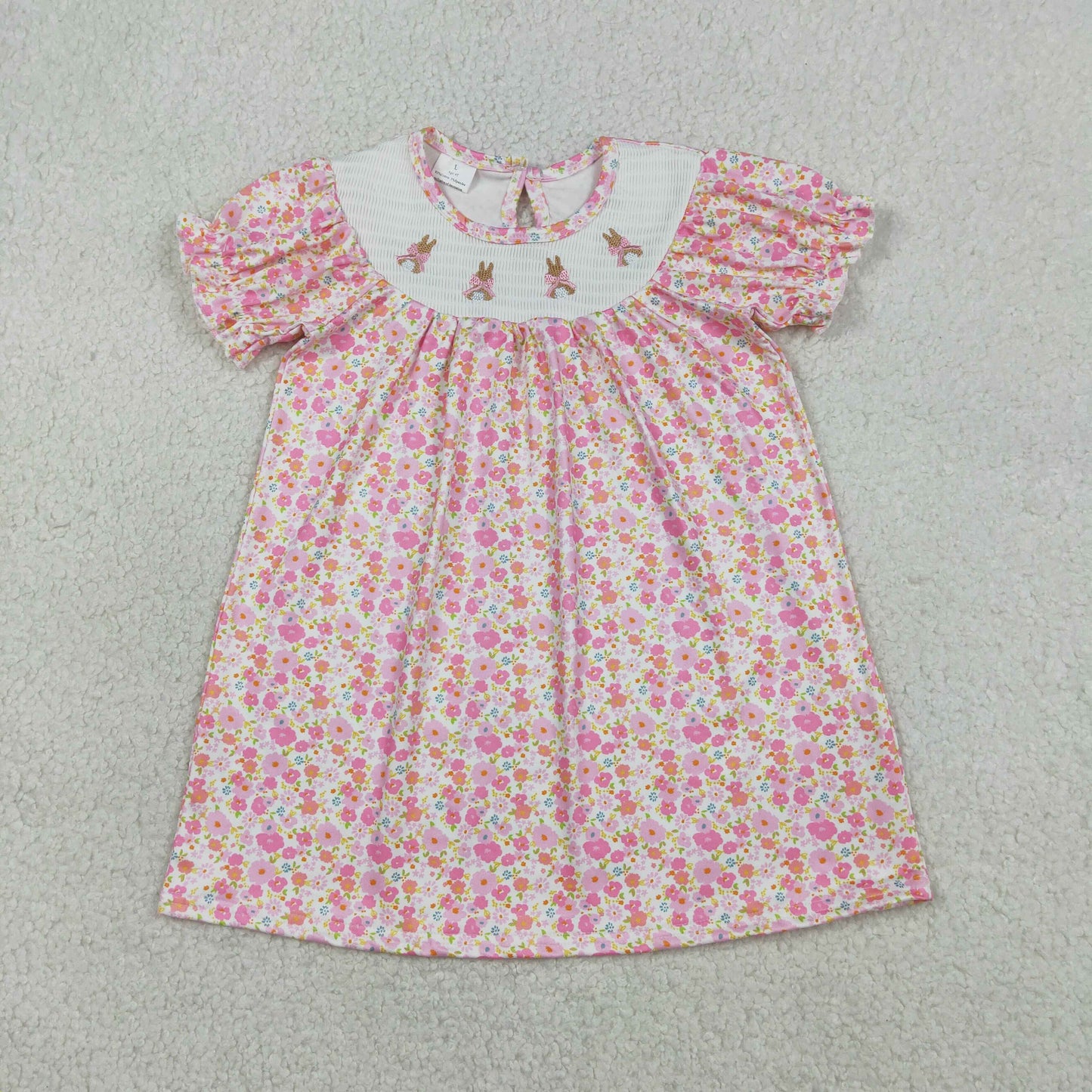 GSD3406 Smocked Easter Bunny Bows Floral Pink Short Sleeve Dresses for Girls 202603 RTS