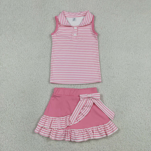 GSD3408 Solid Pink Stripe Polo Sleeveless Bows Ruffle Skirts for Girls Yoga Sets 202606 RTS