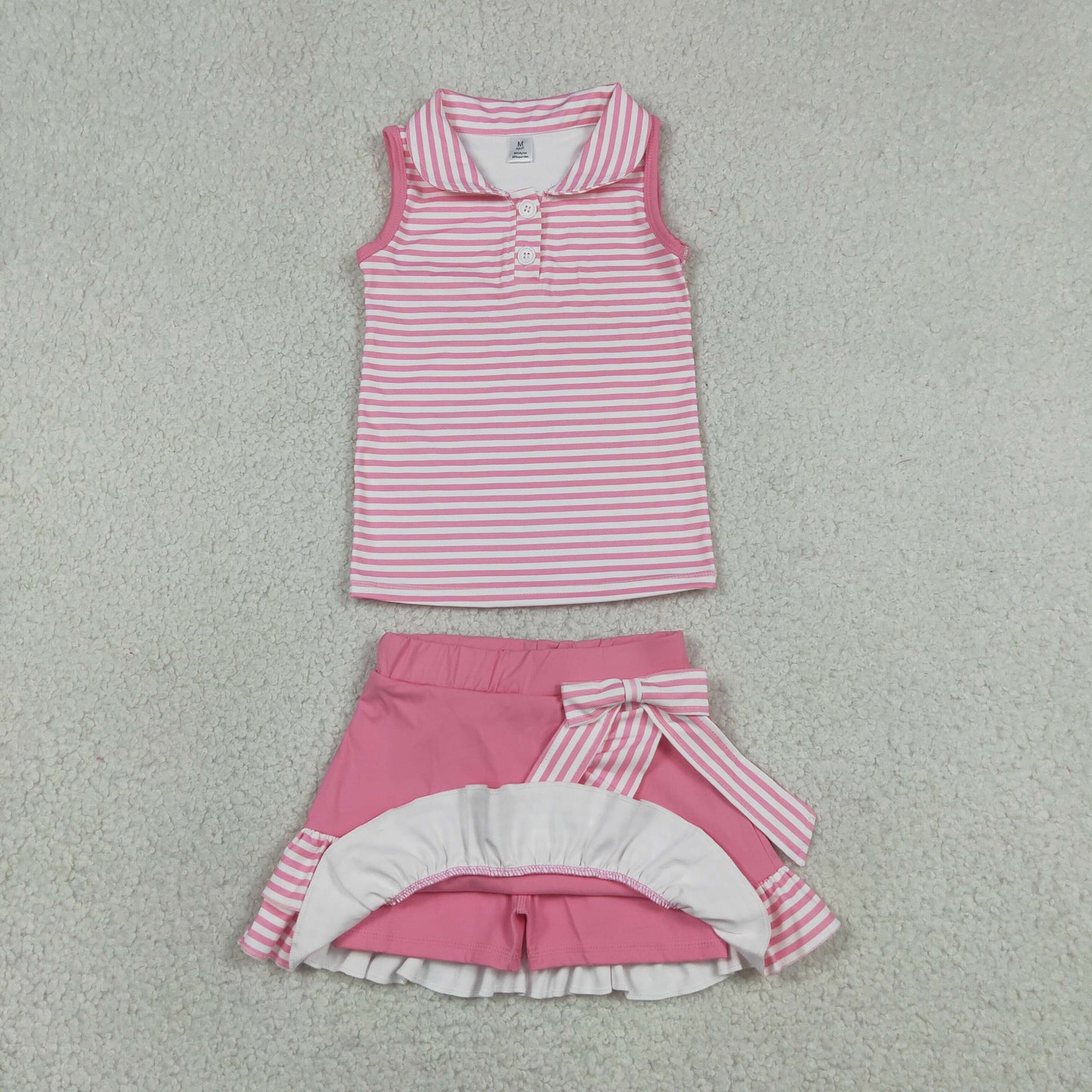 GSD3408 Solid Pink Stripe Polo Sleeveless Bows Ruffle Skirts for Girls Yoga Sets 202606 RTS