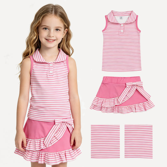 GSD3408 Solid Pink Stripe Polo Sleeveless Bows Ruffle Skirts for Girls Yoga Sets 202606 RTS