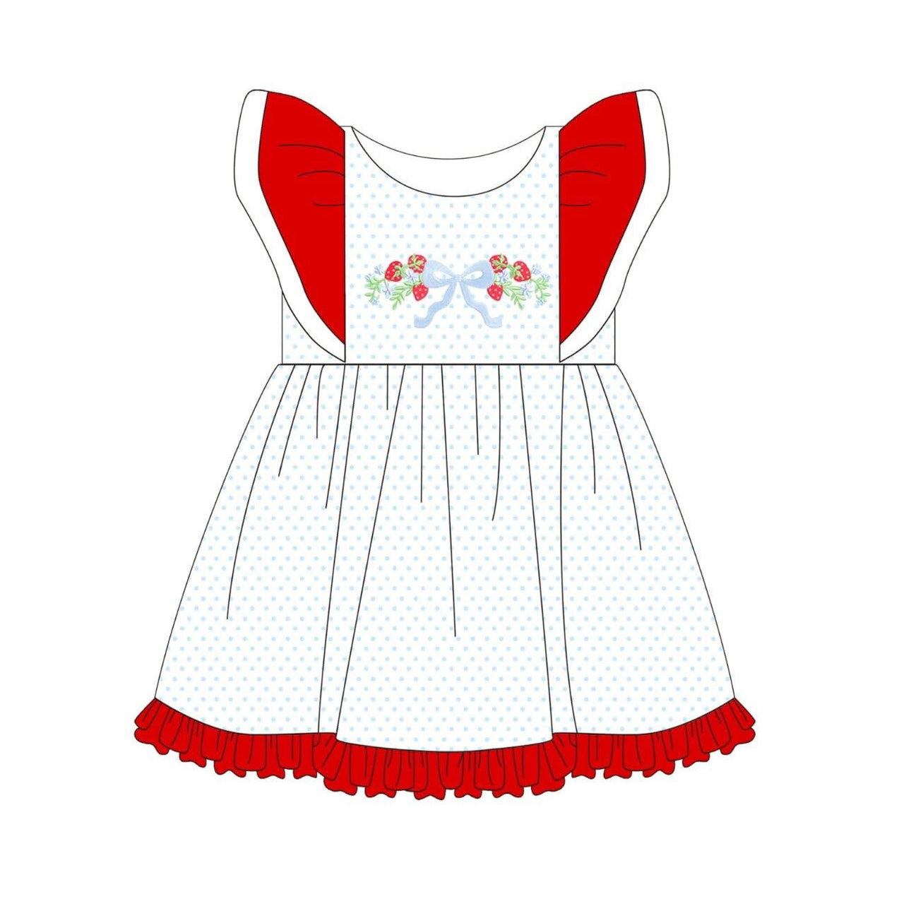 MOQ 5 PCS Preorder GSD3410 Strawberry Bows Dots Red Ruffle Flying Sleeve Dresses for Girls 202512