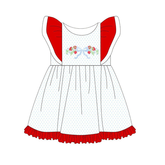 MOQ 5 PCS Preorder GSD3410 Strawberry Bows Dots Red Ruffle Flying Sleeve Dresses for Girls 202512