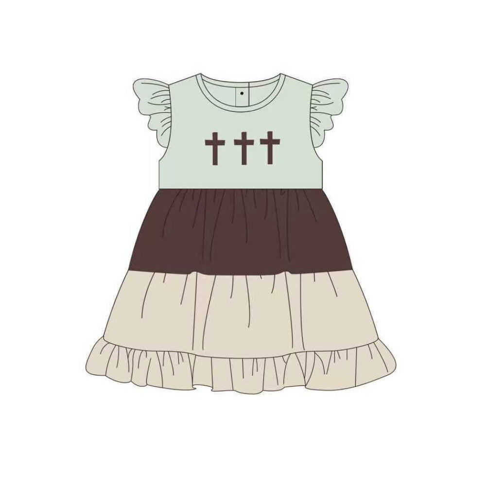 MOQ 5 PCS Preorder GSD3411 Easter Cross Flying Sleeve Dresses for Girls 202512