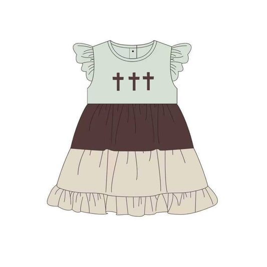 MOQ 5 PCS Preorder GSD3411 Easter Cross Flying Sleeve Dresses for Girls 202512