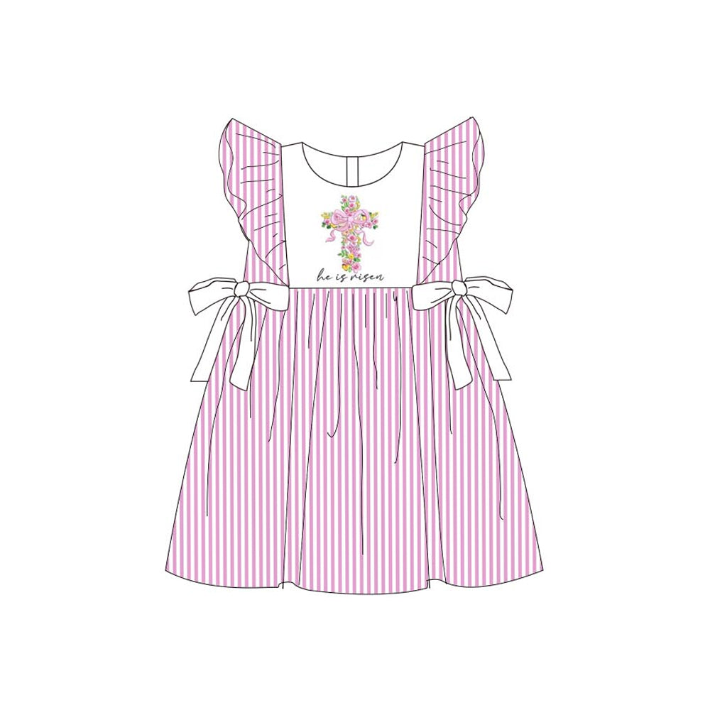 MOQ 5 PCS Preorder GSD3413 Easter Cross Flower Pink Purple Stripe Flying Sleeve Dresses for Girls 202512