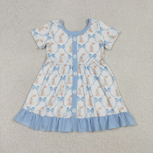 GSD3416 Easter Bunny Bows Blue Ruffle Short Sleeve Dresses for Girls 202601 RTS