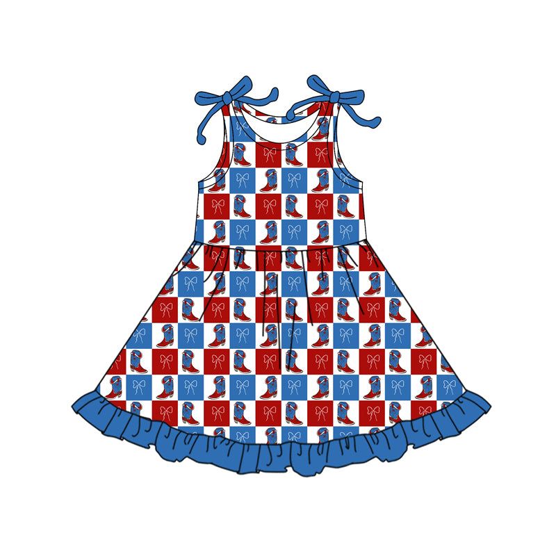 MOQ 5 PCS Preorder GSD3417 Cowgirl Boots Bows Plaid Blue Ruffle Sleeveless Dresses for Girls 202512